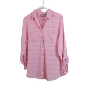 CHICO’S Bright Pink Striped Oversized 2-Pocket Button-Tab Sleeve Top